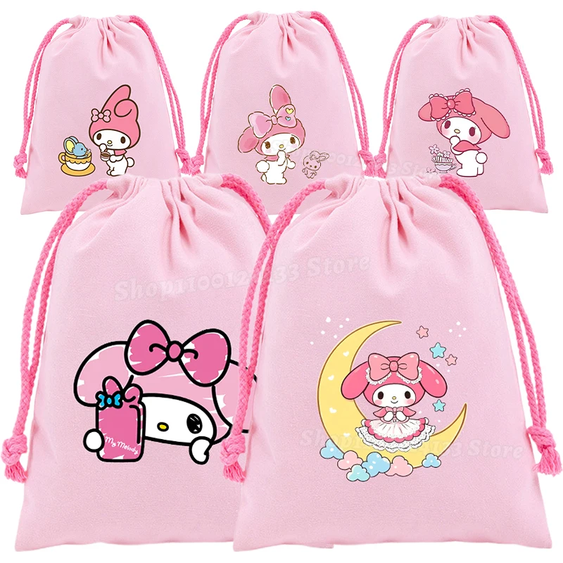

Melody Girl's Drawstring Bag Sanrio Cute Anime Canvas Print Sport Child Portable Kids Birthday Party Hand Pocket Gift Pouch New