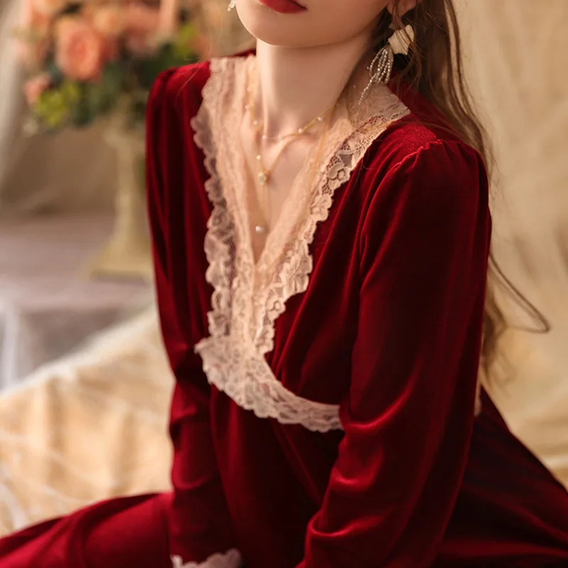 Elegant Nightdress Soft Velour Sleepwear Women Winter New Bathrobe Home Dress Loose Nightgown V-Neck Loungewear Velvet Homewear