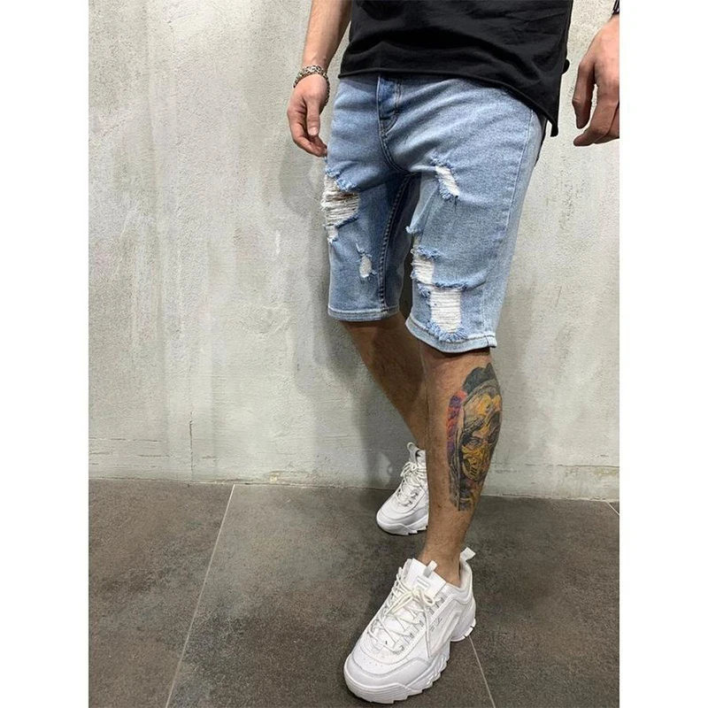 Summer Fashion Men\'s Fifth Pants Tattered Ripped Shorts Loose Straight Casual Blue Denim Pants Streetwear Men Boyfriend Jeans