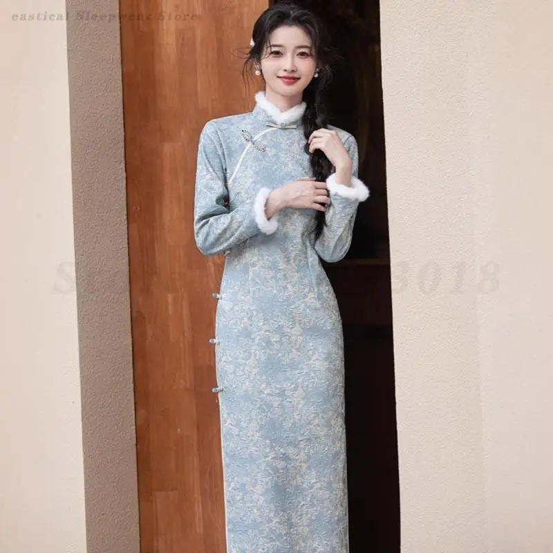

Винтажное классическое женское платье Cheongsam на осень-зиму, плотное длинное платье Ципао в традиционном китайском стиле, восточный костюм, платье Vestidos