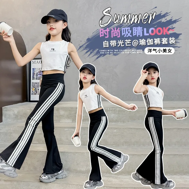 

4-14Y Summer Girls' Pants New Flare Pants Children's Pants Youth Lower Garments Children's Fashion Clothes Stripe Tight Pant