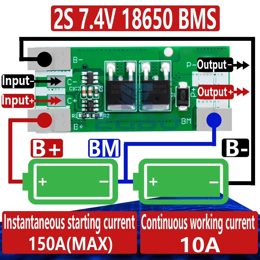 2S 7.4V 18650 Li-ion BMS 10A Continuous 150A Peak for Vacuum Cleaner/Electric Vehicle Polymer Battery Protection Board