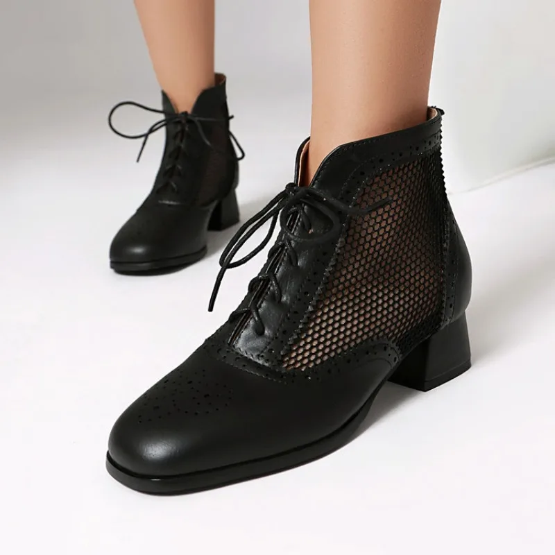 

Smmer Ankle Boots Women Sandals Round Toe, Thick Heel, Hollowed Out Splicing, Front Tie ,Cool Boots Platform Shoes Women