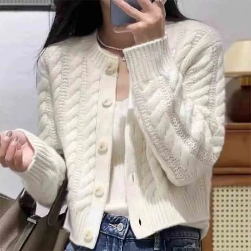 Lucyever Short Sweater Cardigan Women High Quality Single-Breasted O-Neck Knitted Sweaters Woman Solid Long Sleeve Knitwear Coat