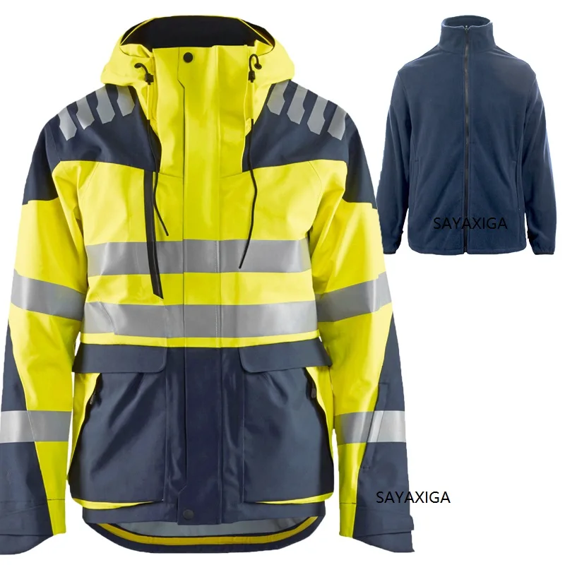 

3In1 Hi Vis Reflective Cycling Fleece Inside Jacket Winter Stripe Patchwork Hooded Overcoat Safety Detatchable Work CLothing