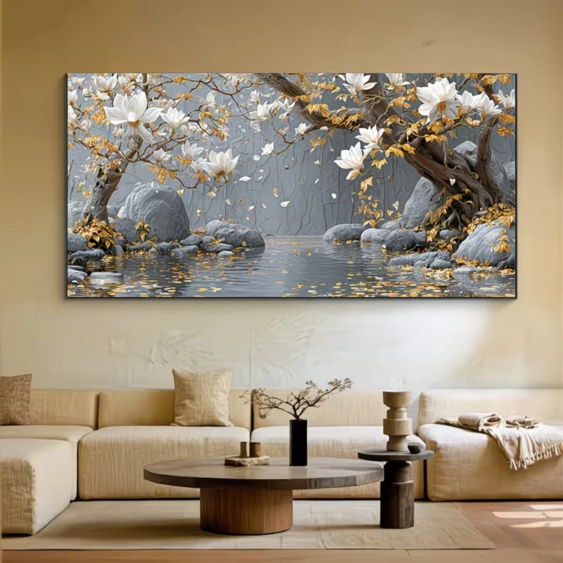 Magnolia Tree,River,Rock Landscape Diy Diamond Arts Painting Full Square Round Drill Mosaic Diamond Embroidery Picture