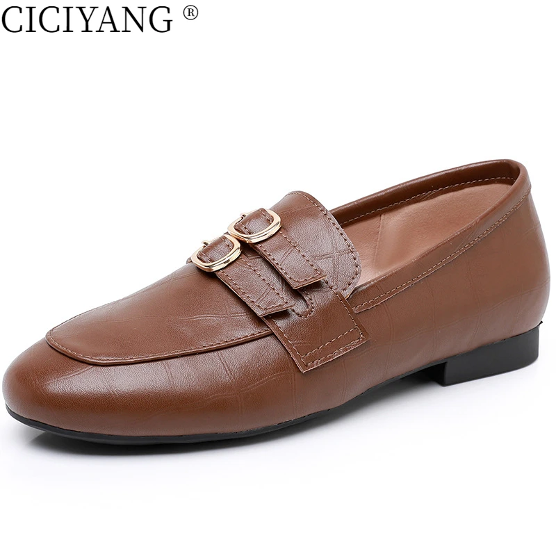 

CICIYANG British Style Low-heeled Loafers for Women 2025 Spring New Genuine Leather Belt Buckle Plus Size 43 Ladies Single Shoes