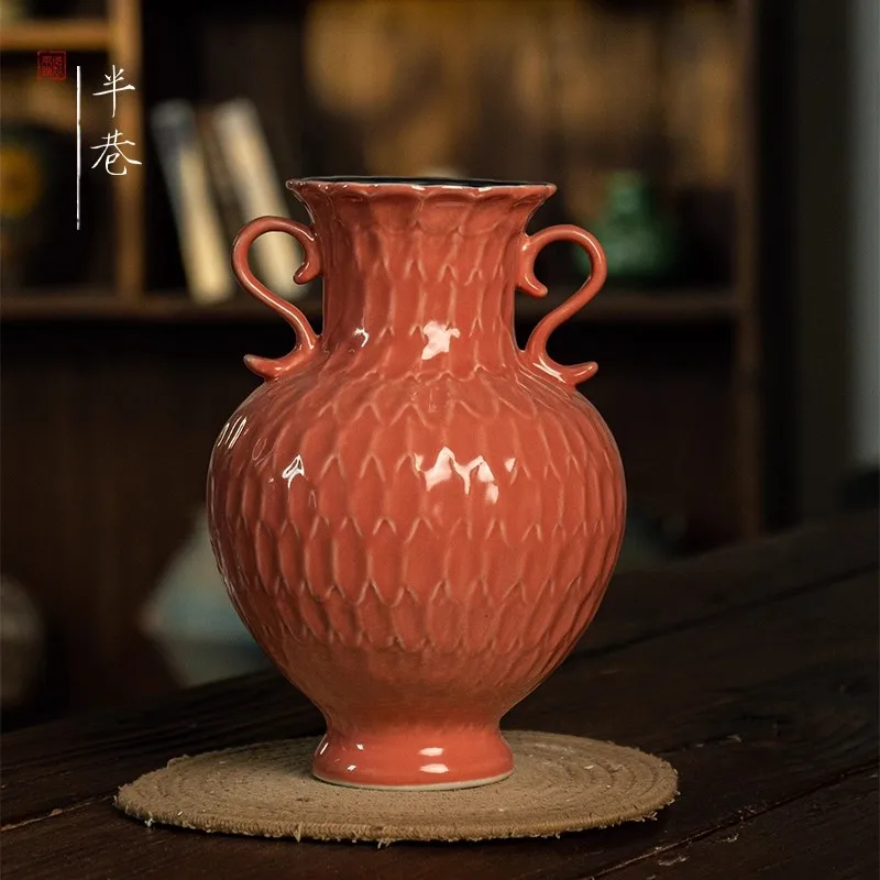 

European ceramic vase, American flower arrangement, living room dining table, blue double ear Chinese decorative ornament