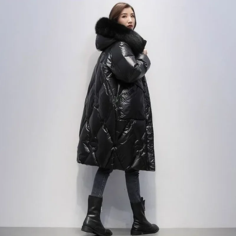 Oversized Womens Down Cotton Jacket Winter Warm Jackets Coat Long Hooded  Collar Parka Overcoat Female Cold Jackets Black B392