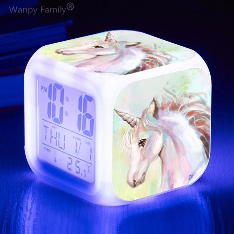 Very Cute Cartoon Unicorn Alarm Clock Kids Baby Bedroom Multifunction Color Changing Alarm Clock Christmas Gift For Child