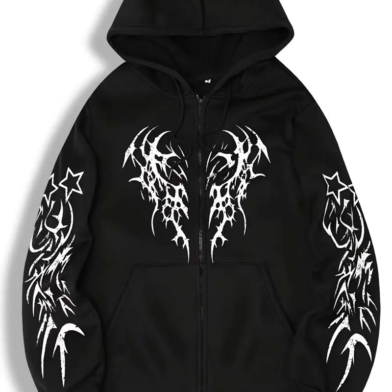 Herbst Winter Gothic Grafik-Print Reißverschluss-Hoodie Herren Lässige Mode Streetwear Fleece-Jacke Mantel Langarm Reißverschluss-Sweatshirt – Detail 4