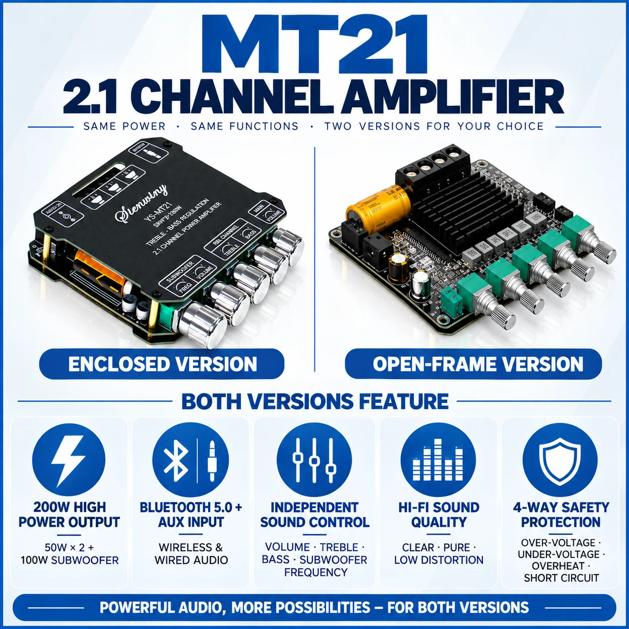 2.1 Channel Bluetooth HiFi Amplifier Board 200W-540W, MT21 TB21H AS21 HT21 YS-1602T, AUX USB TWS App