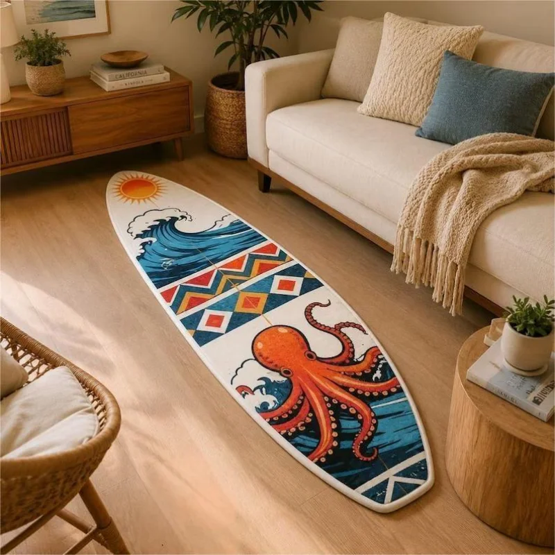VIKAMA Surfboard Shaped Octopus Wave Pattern Rug Soft Non Slip Living Room Bedroom Floor Mat Coastal Home Decor