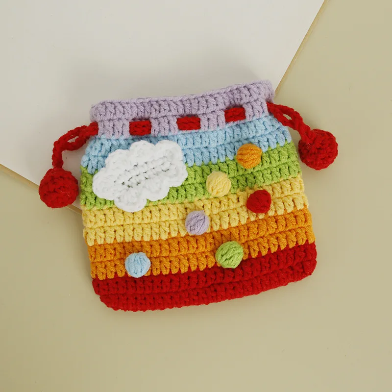 Handmade Crochet Rainbow Drawstring Pouch, Cloud Pom Pom Mini Coin Purse Storage Bag