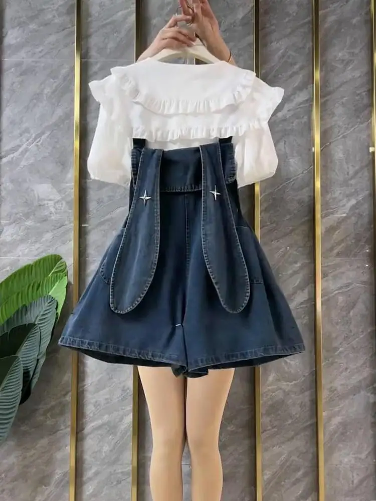 

Hong Kong Dopane Trendy Women's Denim Overalls ort Pants Summer Design Slimming Effect Low Waist Wide Leg Commute Sle