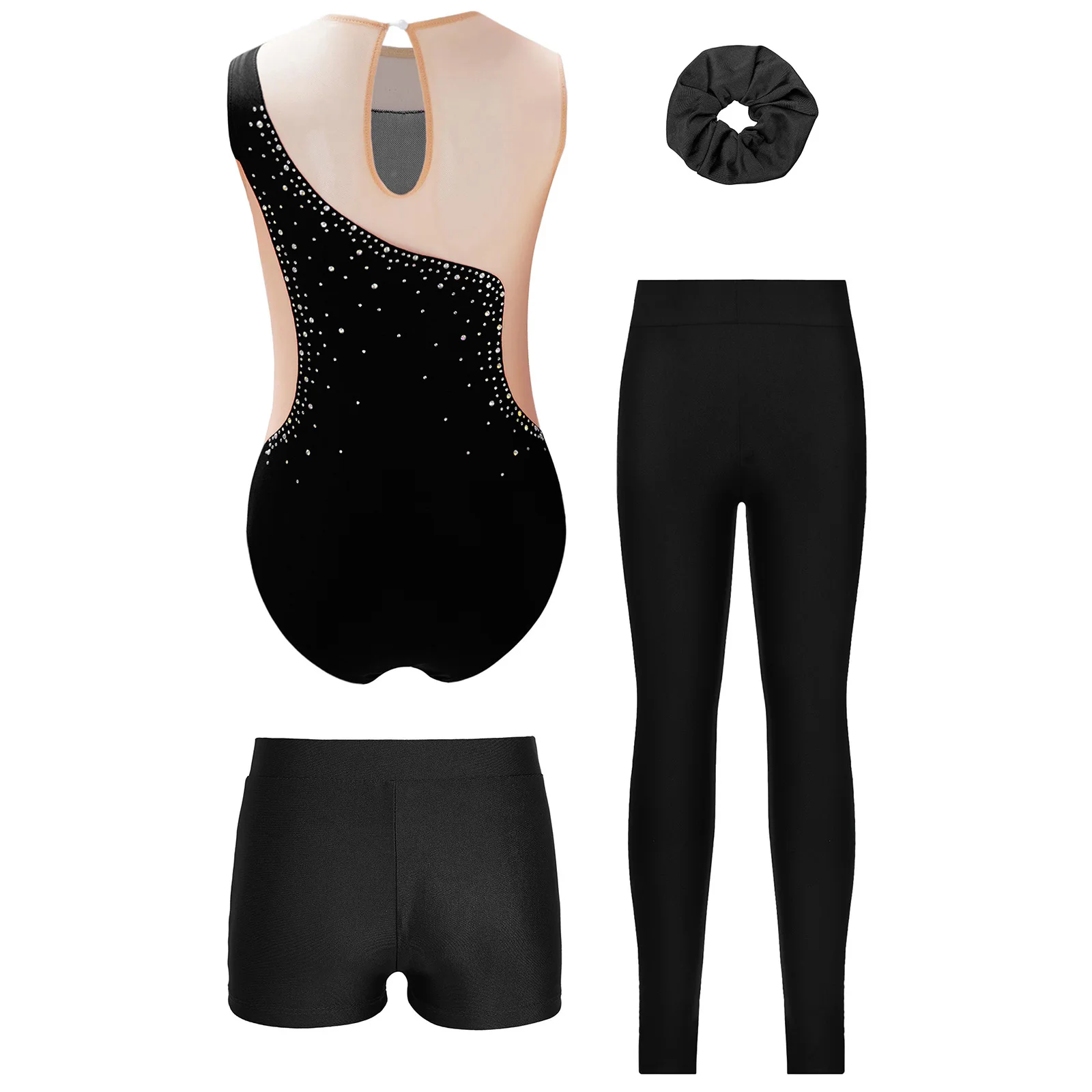 4Pcs Kids Girls Gymnastics Figure Skating Leotard Outfit Sheer Mesh Patchwork Shiny Rhinestone Bodysuit Ballet Dance Costume