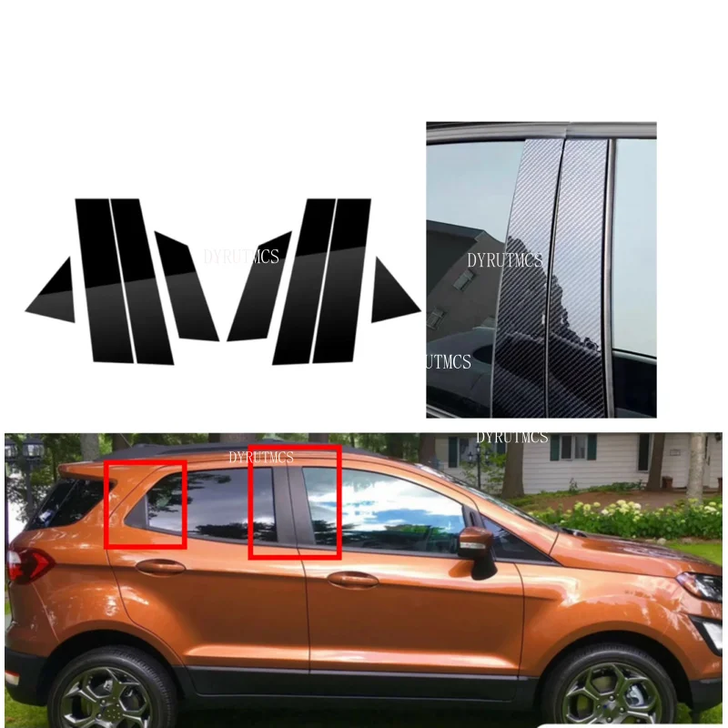 8PCS Glossy Black Pillar Post Silver Carbon Fit For Ford Ecosport 2013 2014 2015-2021  Door Moulding  Sticker Cover Window Trim
