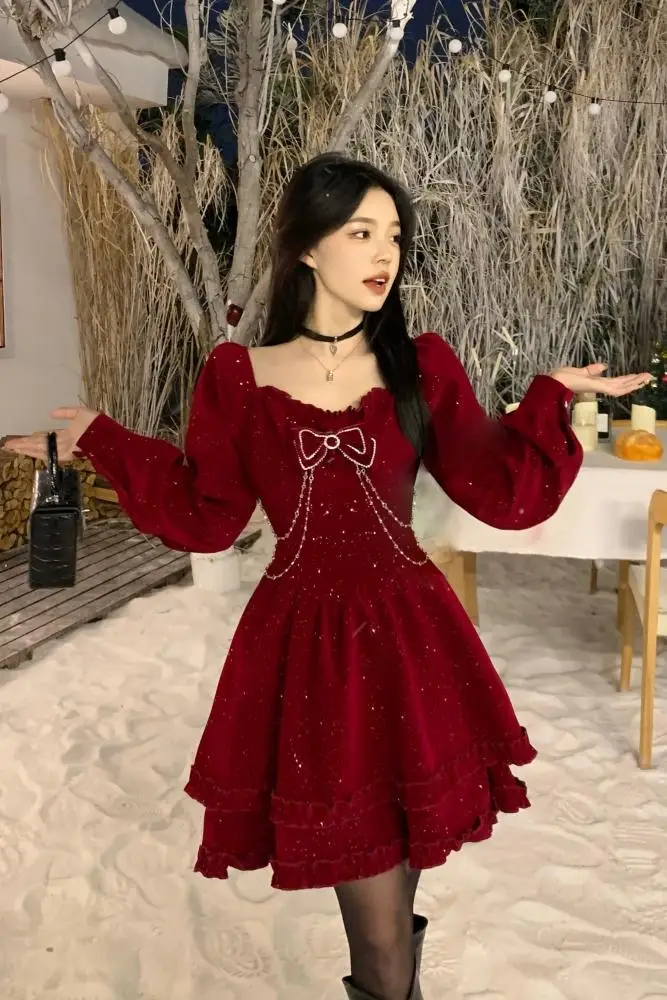 MiiiiX French Retro Red Velvet Short A-line Dress Plus Size Square Collar Puff Sleeve Elegant Dress 2024 Autumn Women's Clothes