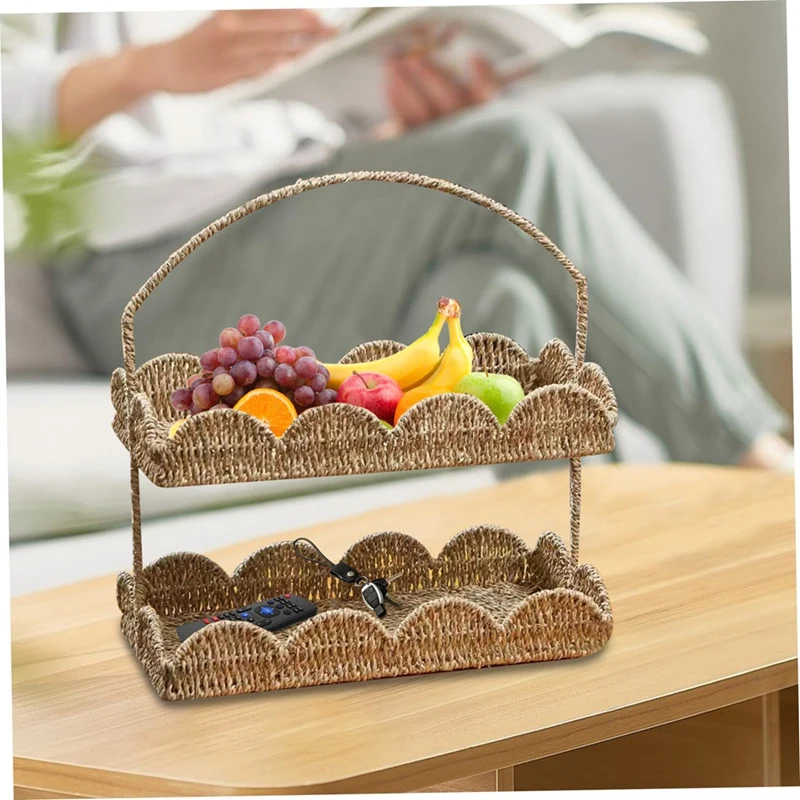 2 Layers Scalloped Basket Tray With Handle Rustic Decorative Woven Basket With Scalloped Edge Table Basket Organizer