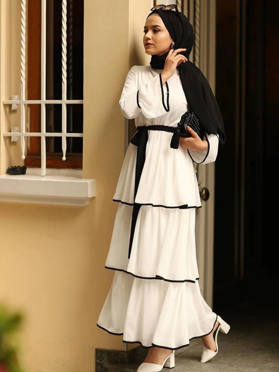 Dubai Islam Muslim Sweet Cake Dress Women Flare Sleeve Lace-up Multi-layer Pleated Cupcake Dresses Ankle-length Islamic Clothing