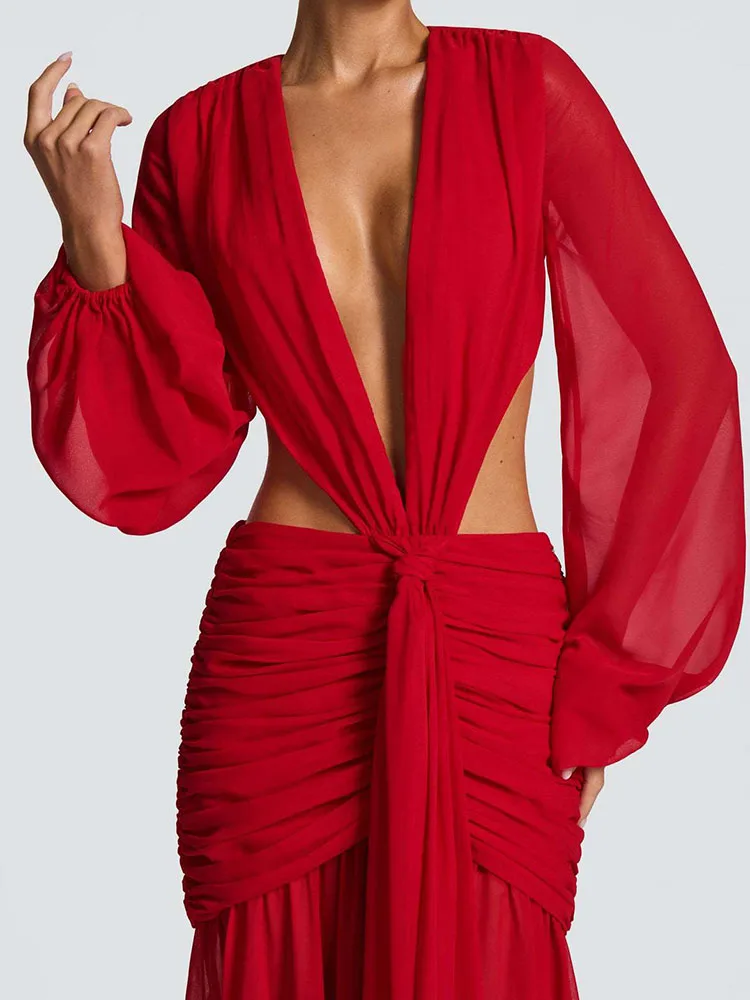 Damska Sukienka Maxi w Stylu Vintage z Bufiastymi Rękawami, Jesienna, Seksowna Sukienka z Głębokim Dekoltem V, Wycięciami, Dopasowana, na Imprezę, Codzienna, Vestido 2025