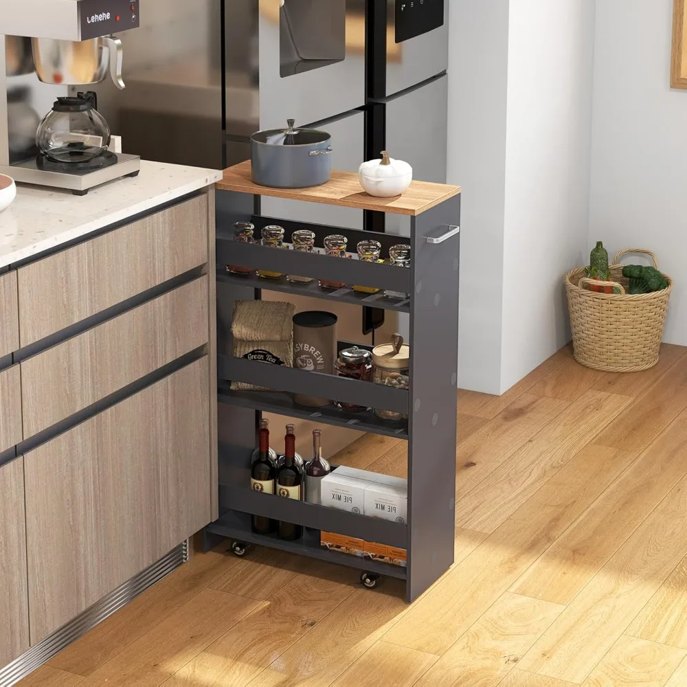 

4 Tier Rolling Slim Storage Cart, 8" Narrow Slide Out Kitchen Cart W/Handle & Open Shelves, Customized