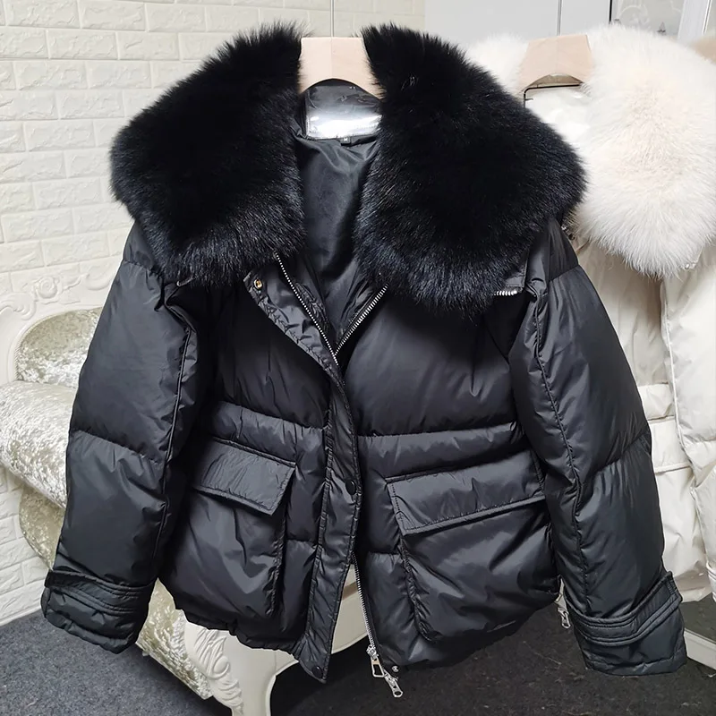 Maomaokong loose Real Fox Fur Collar 2024 White Duck Down Jacket Women Winter Luxury Puffer Coat Oversize Feather Outwear