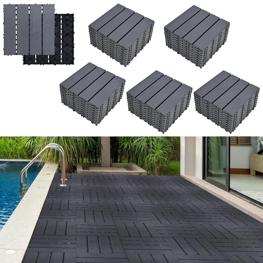 

45 Sq.Ft Plastic Interlocking Deck Tiles 12" x 12" Waterproof and Ourdoor Floor Tiles for Balcony Garden Backyard, Dark Grey