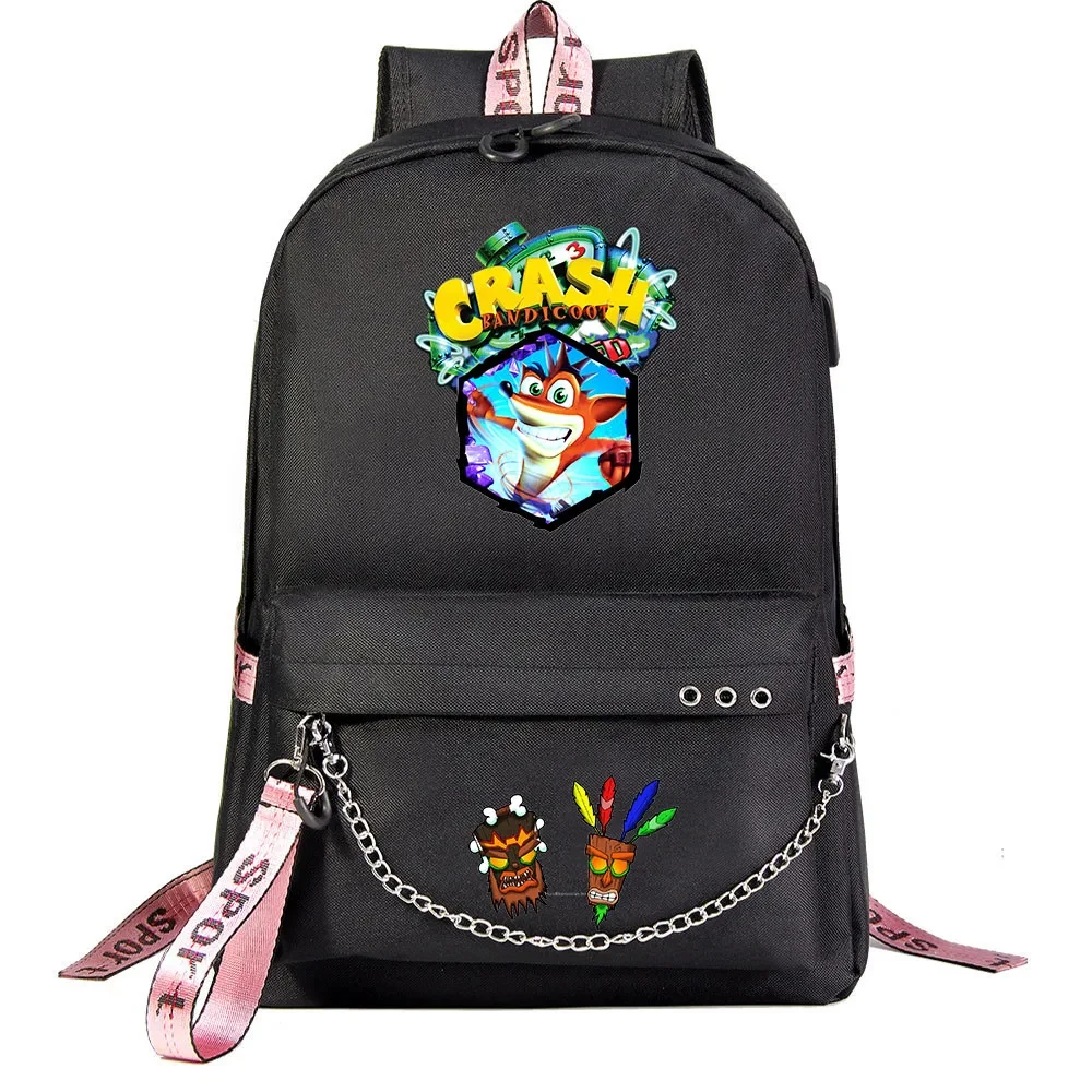 Game Crash Bandicoot Boys Girls School Bags Teenager USB Charging Chain Travel Backpack Student College Bookbag Mochila