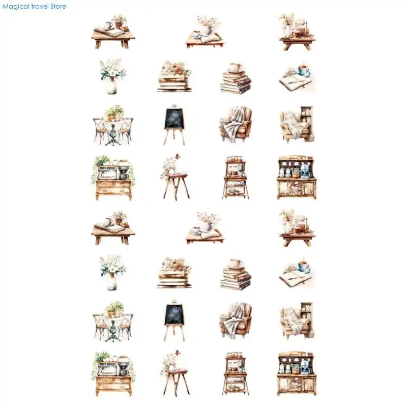 N2UB 30 Sheets Adhesive Sticker Laptop Sticker Coffee House Series Decal Scrapbooking Sticker Coffee Girl Character Sticker