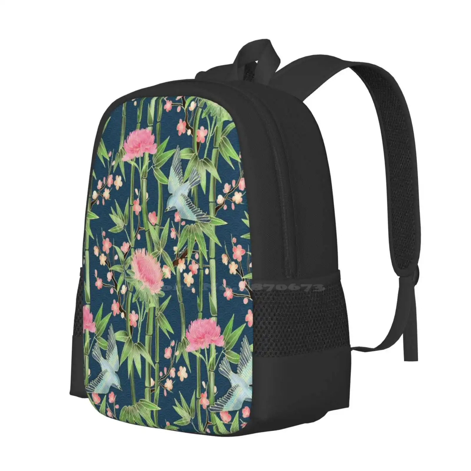 Bamboo , Birds And Blossom-Dark Teal Pattern Design Laptop Travel School Bags Nature Garden Japanese Cherry Blossoms Bamboo