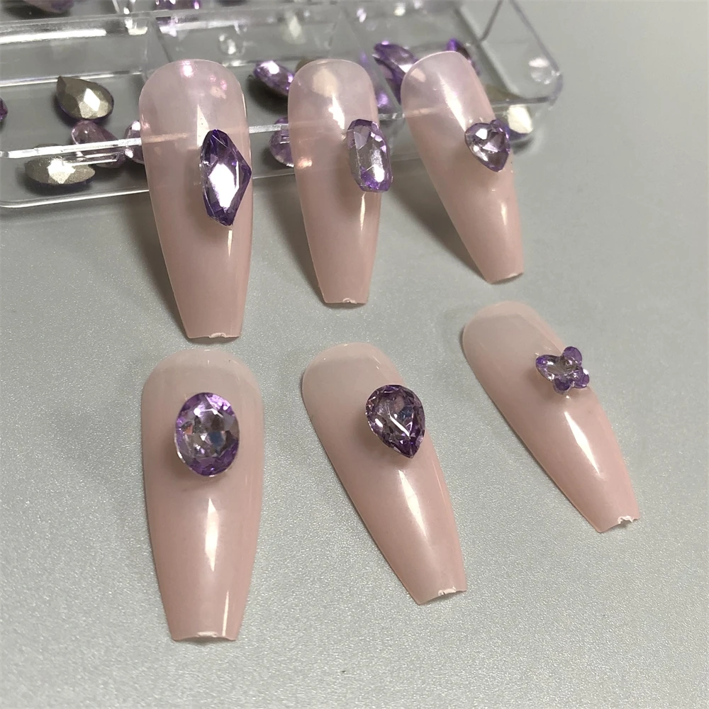 Sweet French Nail Art Charms Purple Crystal Diamond Pointed Bottom Rhinestone Square Oval Rounded Flare Fingernails Decorations