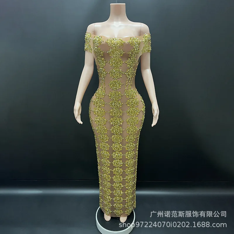 مزاجه الكتف الذهب حجر الراين فستان نموذج المدرج موضة المرأة عيد ميلاد الراقية فستان Vestidos De Gala Dama Brillantes #2