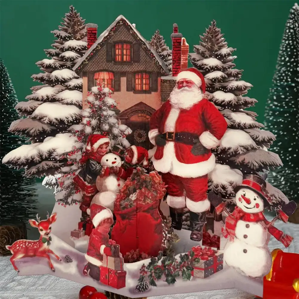 Carte de Noël 3D, scène de nuit avant noël, avec Village enneigé du Père Noël et ciel clair de lune, carte de vœux festive, cadeau de fête