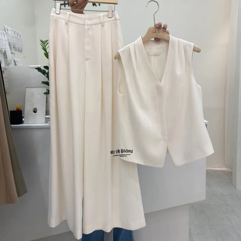 

2023 Summer Korean Version Loose Relaxed Luxury Thin Fashion Vest Jacket + Wide Leg Pants Suitt Two Piece Set For Women c038