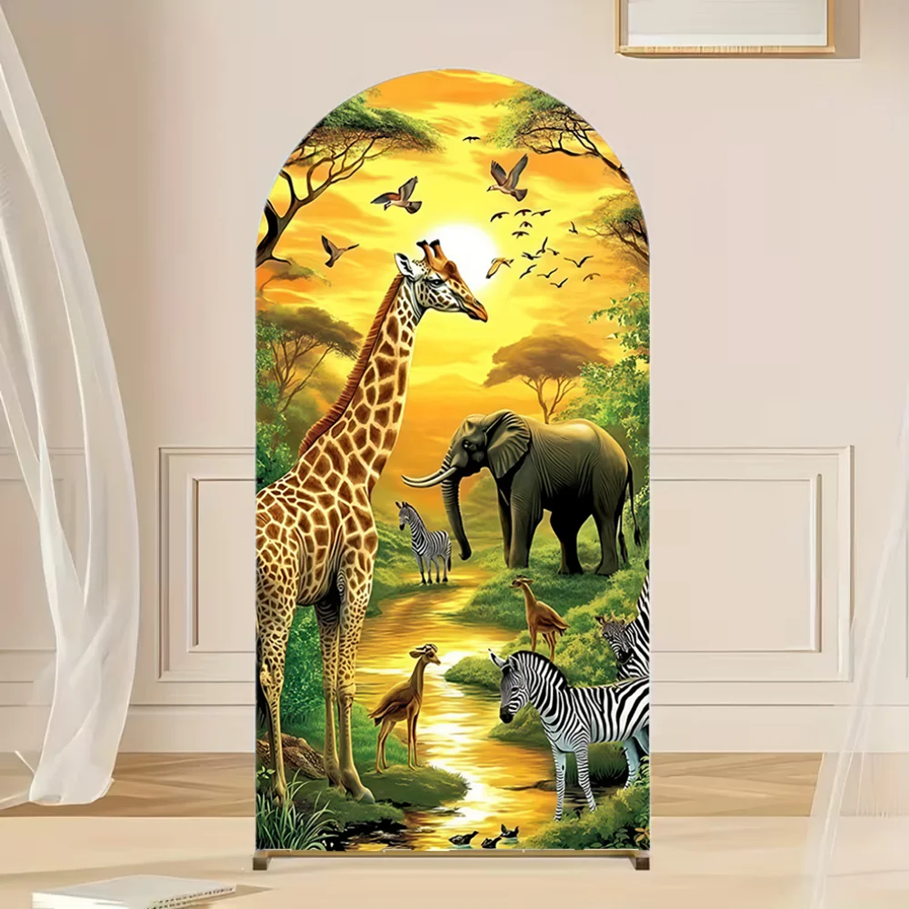 Jungle Adventure Arch Backdrop Cover Wild Animals Tigers lions Elephants Giraffes Birthday party Portrait Photography Background