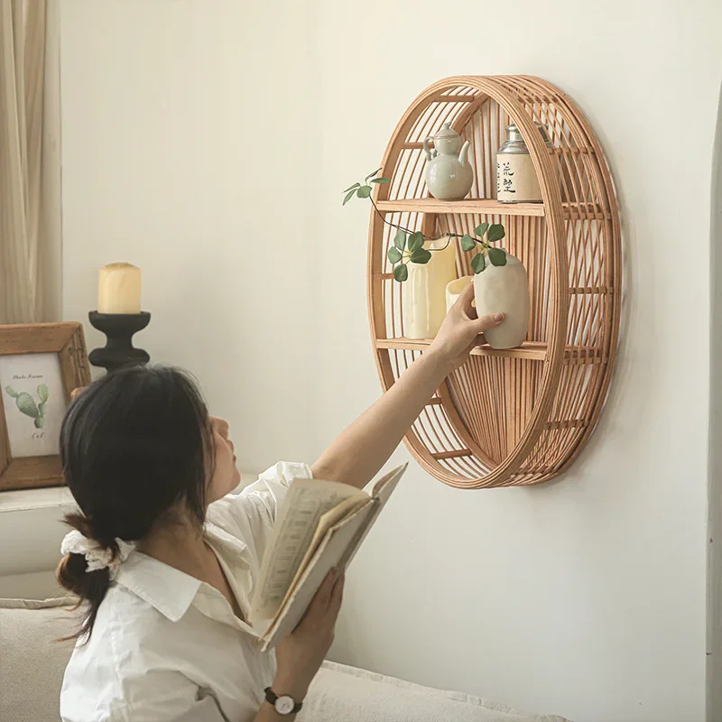 1pc, Round Bamboo Wall Shelf, Rustic Handmade Circular Wall Hanging, Retro Style, Multi-Tiered Home Decor