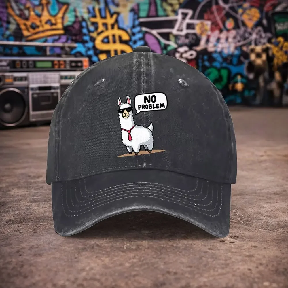 1pc Unisex NO PROBLEM Alpaca Vintage Washed Baseball Cap - Men's Trendy Hat - Versatile Duckbill Cap - Fun Print - A Unique Birt