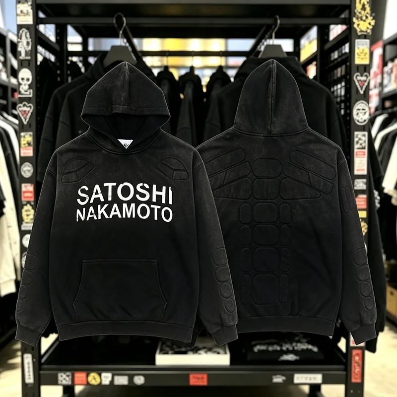 Street Casual SATOSHI Hoodies Pullover Embossed Pattern Embroidery Turtle Shell Design Washed Hooded Men Women Loose Sweatshirts