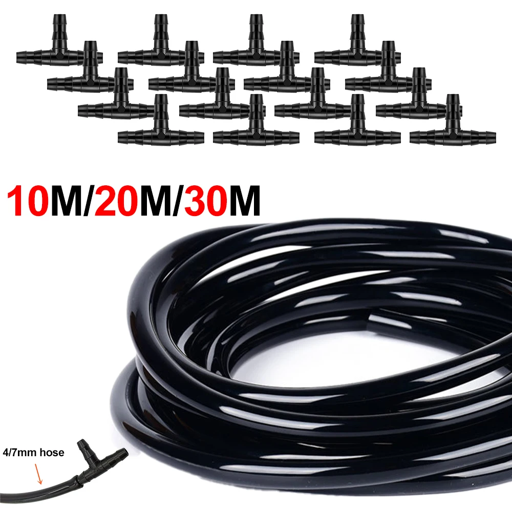 10M-30M PVC 4/7mm Drip Irrigation Tubing with Tee Connectors, Flexible Smooth Odorless Garden Hose for Watering Flowers Plants i