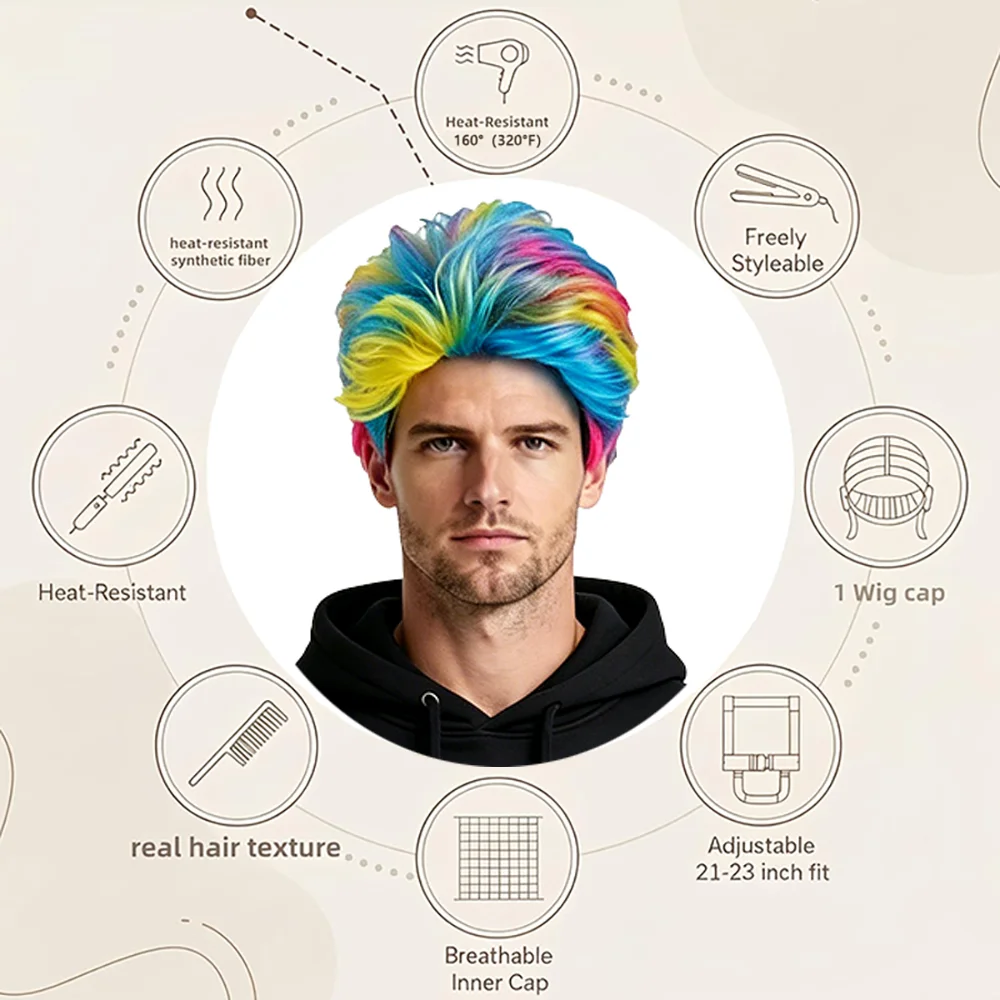 Color Gradient Men's Short Wig Spiky Fluffy Natural Realistic Synthetic Wig For Halloween Music Festival Cosplay Daily Wear