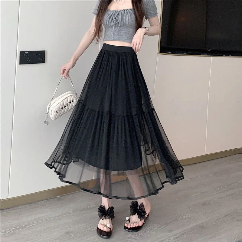 2023 Spring and Summer Fashion Simple High Waist Covering Belly Slim Leisure Vacation Mid Length Solid Color Pleated Mesh Skirt