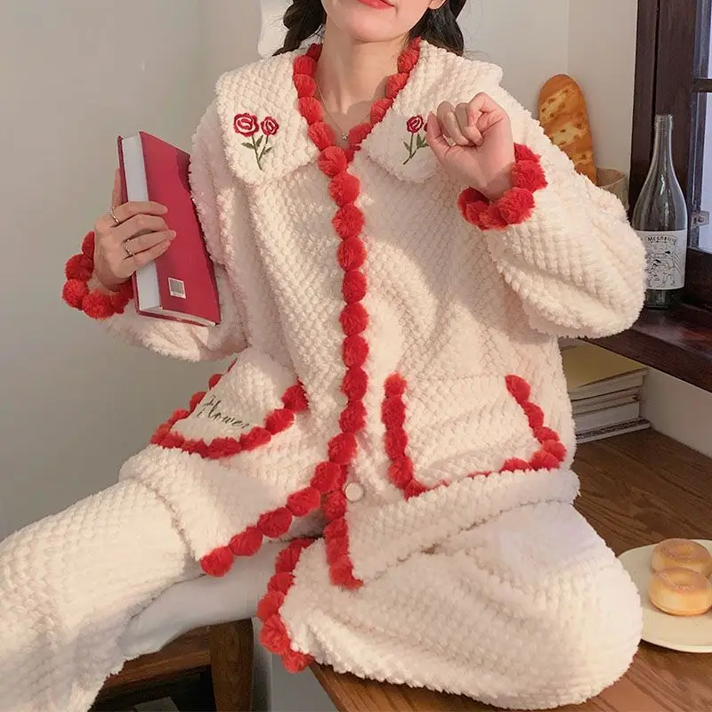 

coral fleece autumn winter Women's pajamas pajama girl flannel new model Sleepwear keep warm homewear thicken fleece-lined suit