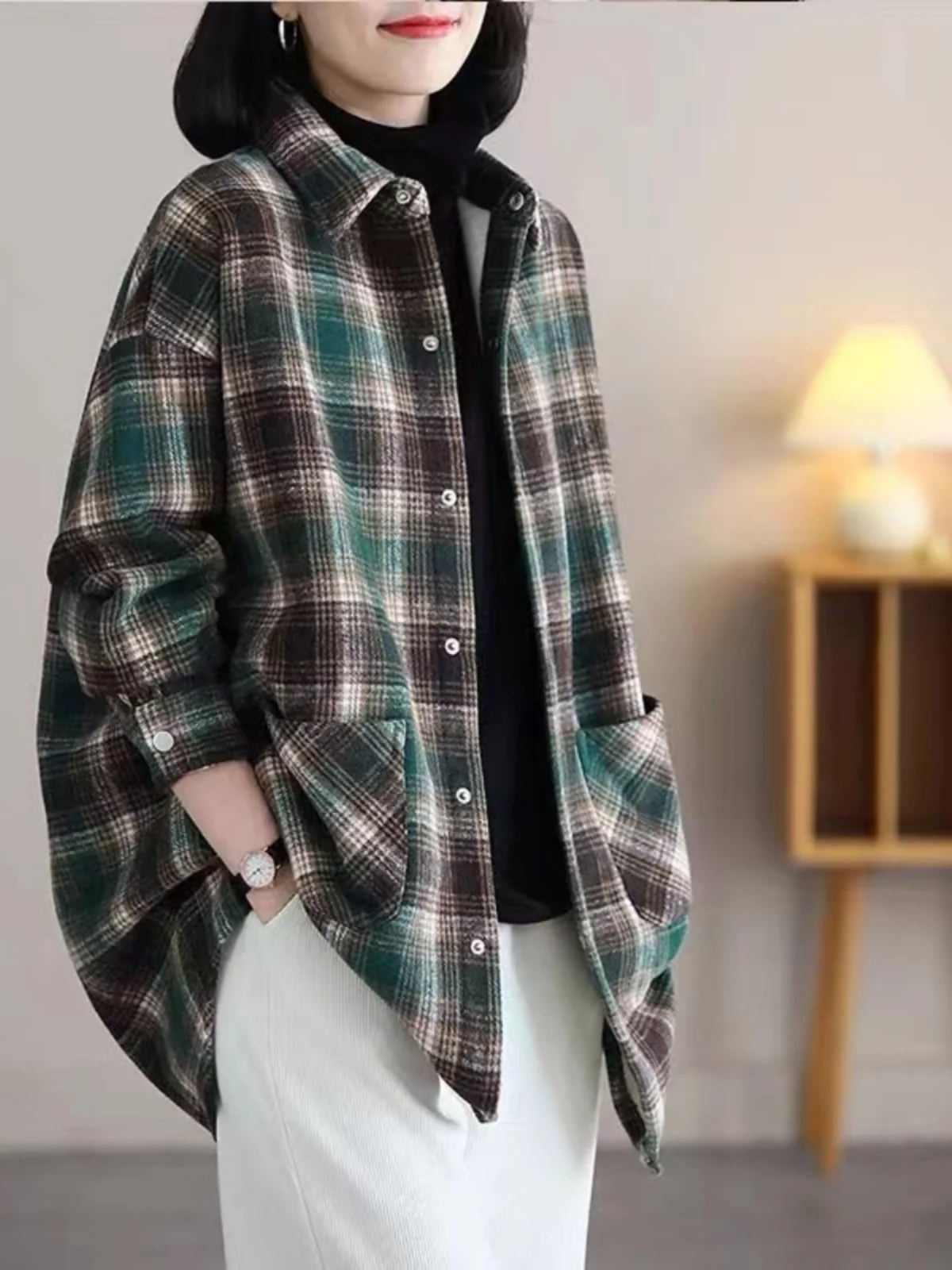 Plus Size Damen Casual Plaid Irt Long Sve Collar Loose Fit Frühling Herbst Top für Mütter und Damen