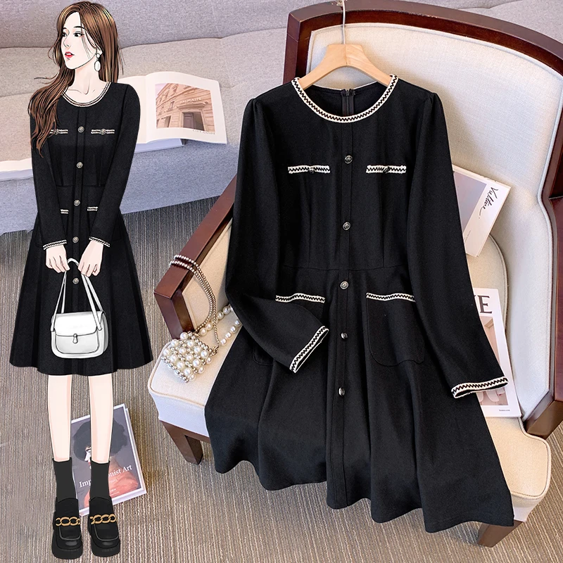 

Autumn French Style Temperament Simple Women Dress O-Neck Small Fresh Patchwork Versatile Office Lady A-Line Mid-Length Frocks