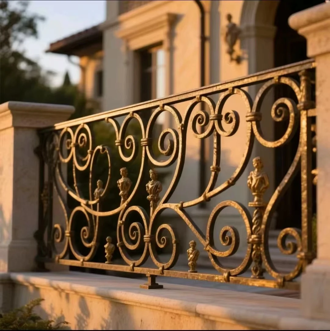 

cj-High Quality Golden Wrought Iron Porch Railing Fence Outdoor Luxury Design Exterior Balustrades Handrails@