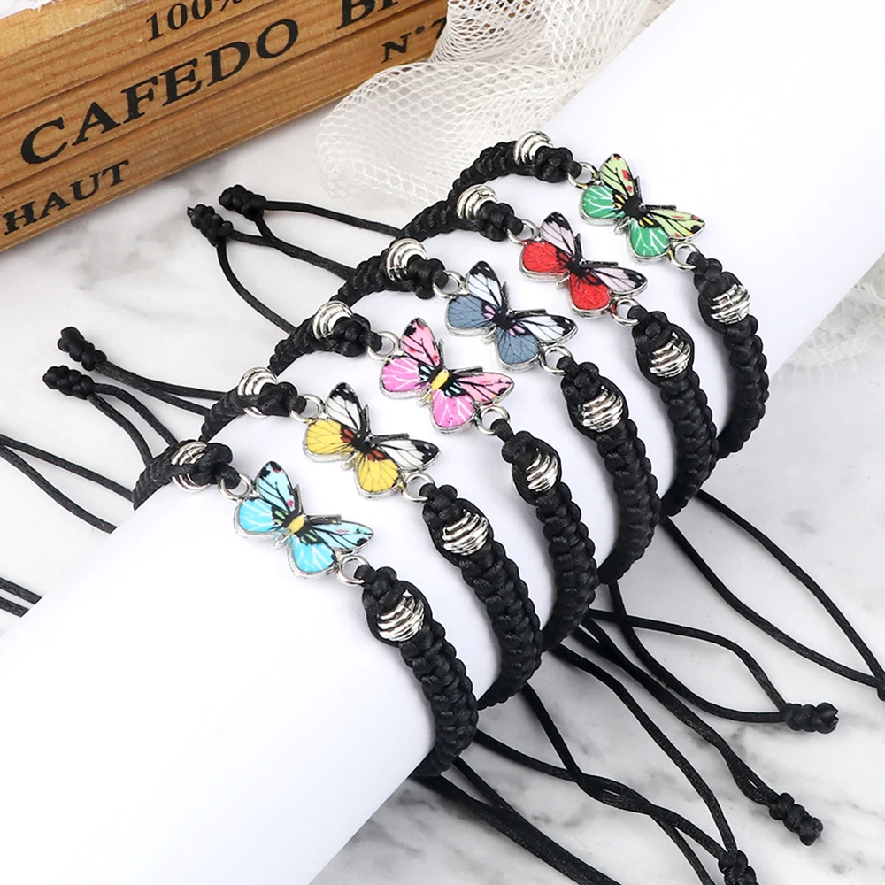 Women Black Woven Rope Bracelet Handmade Multicolor Butterfly Charm Adjustable Bracelets Fashion Friendship Jewelry Girls Gift