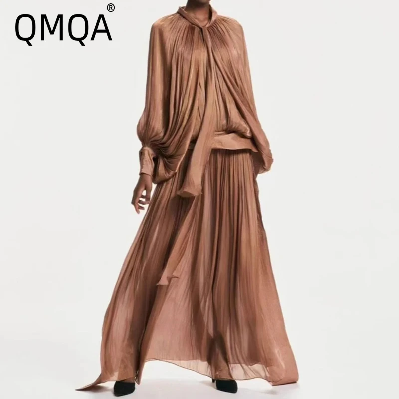 QMQA Fashion Women's Solid Elegant Formal Dresses Stand Collar Long Sleeve High Waist Patchwork Lace Up Dress Female New QM65