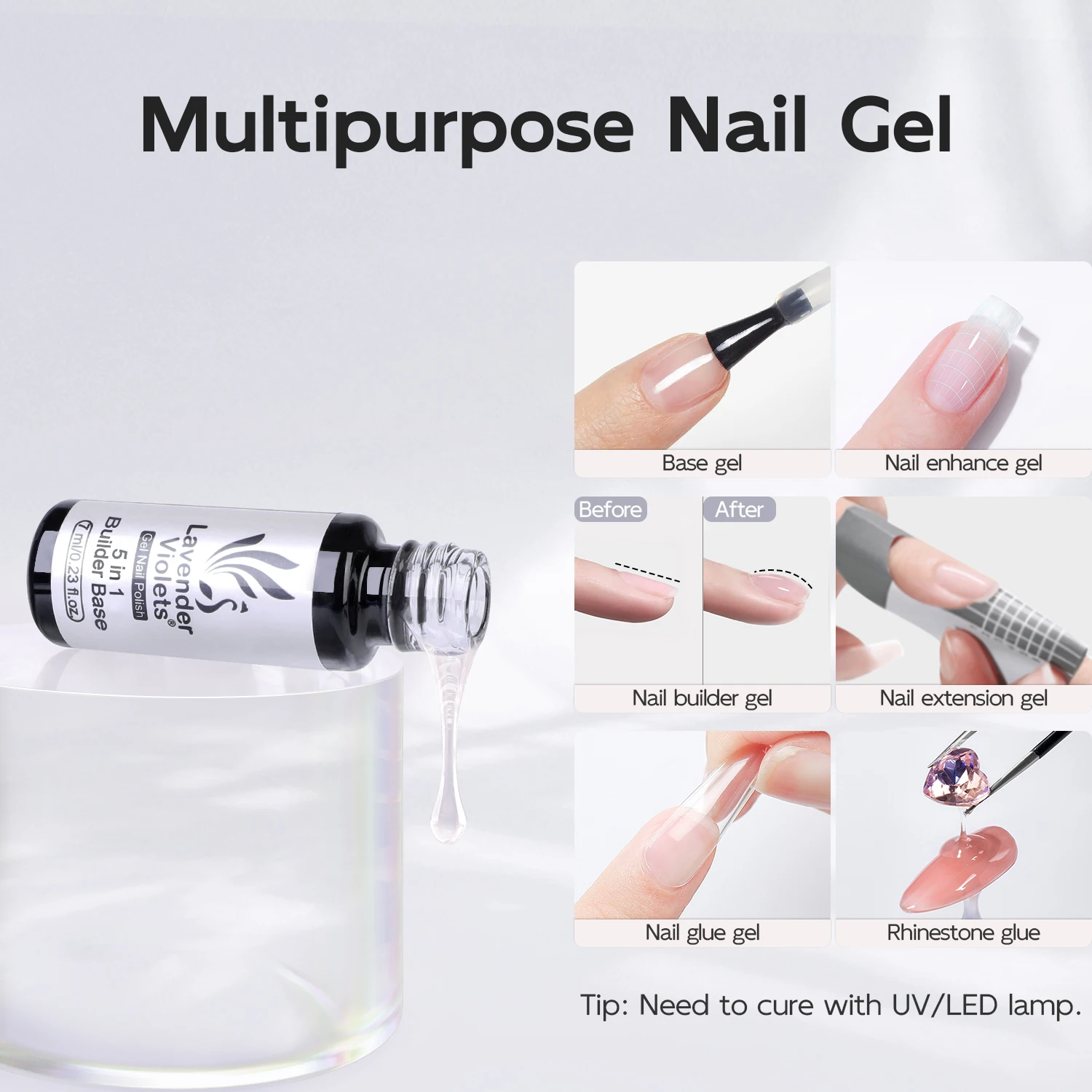 2 قطعة 5 في 1 منشئ قاعدة هلام مسمار الغراء ولا مسح معطف فوقي ، طويلة الأمد نقع قبالة هلام طلاء الأظافر للمنزل صالون مسمار الفن تصميم