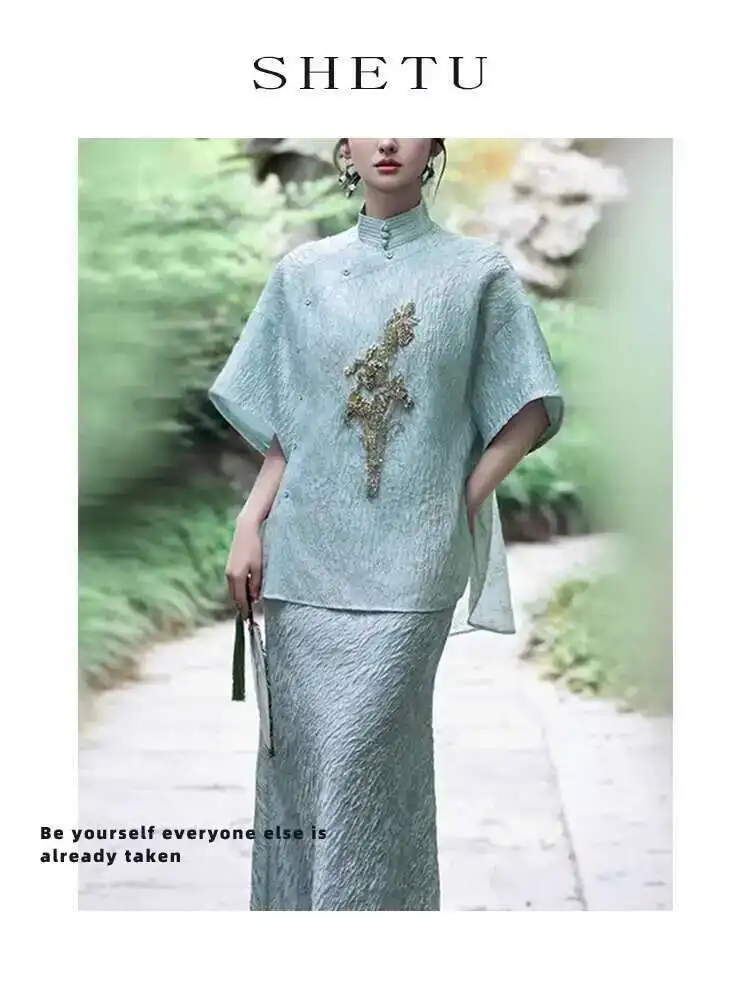 

New Chinese Style Zen Handmade Beaded Tang Suit Top for Women Summer New National Style Stand Collar Button Short Sleeve Set
